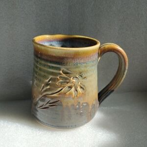 Pottery Studio Mug Handmade Glazed  Carved In Flower Earth Colors Signed 2017